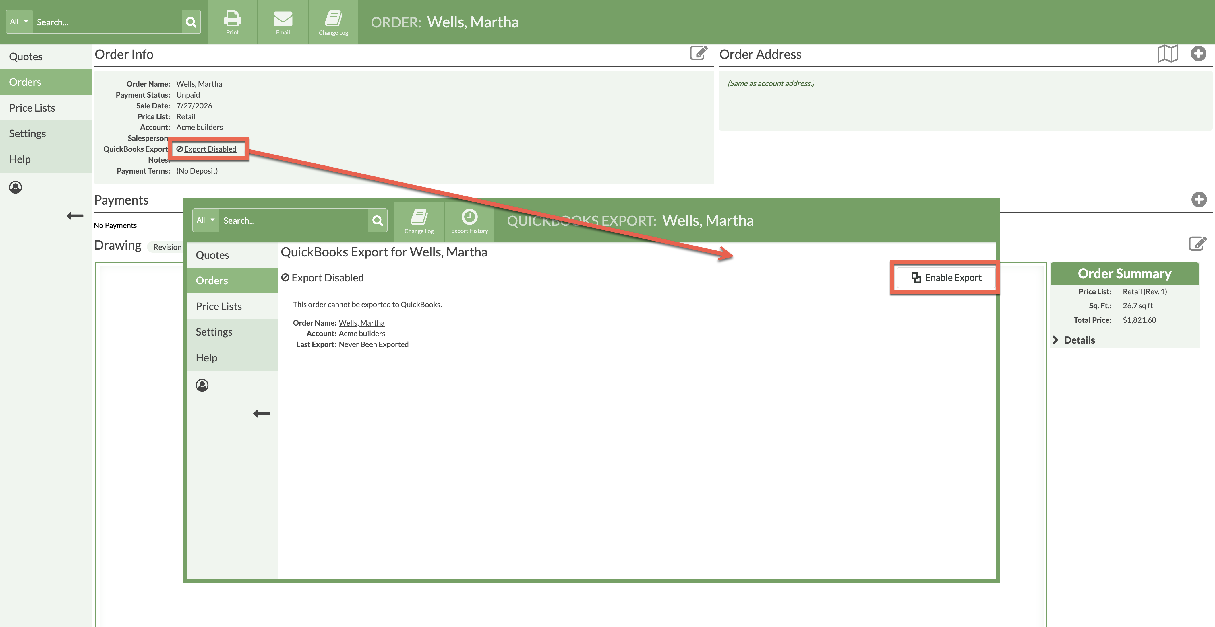 enable a disabled Order for export to Quickbooks from CounnterGo