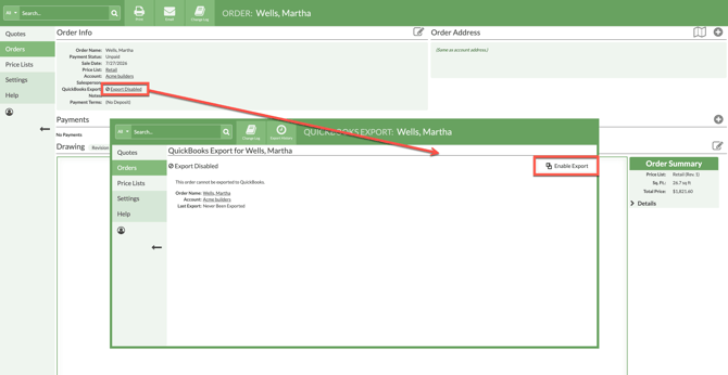 Re-enable a previously disabled QuickBooks Order