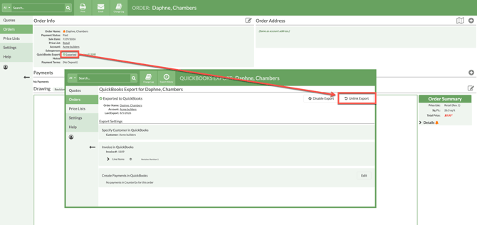 unlink a CounterGo Order exported to QuickBooks
