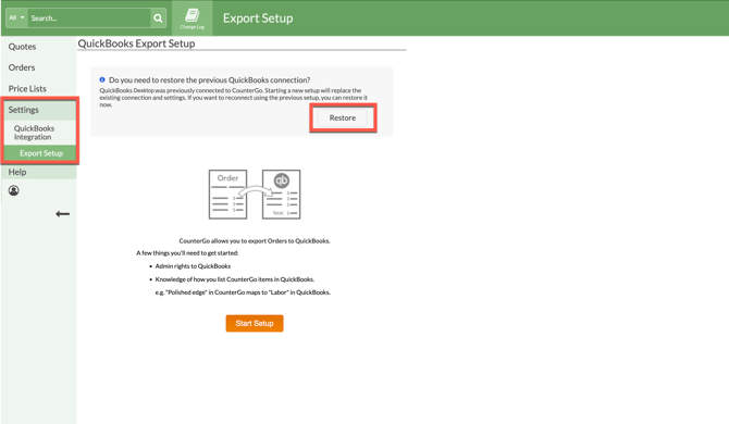 restore a previous connection from CounterGo to QuickBooks