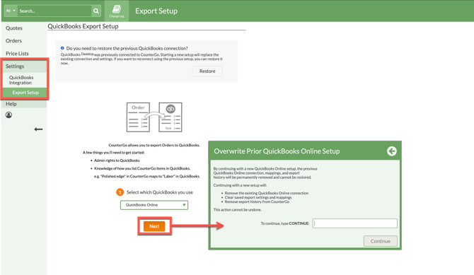overwrite an old CounterGo to QuickBooks connection and begin a new one