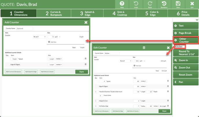 edit a countertop without a drawing in a CounterGo Quote