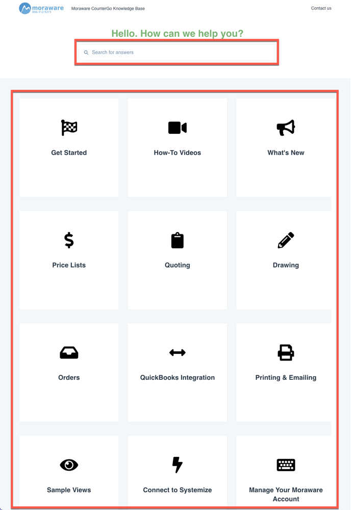 type in a question or click a category in teh CounterGo Knowledge Base