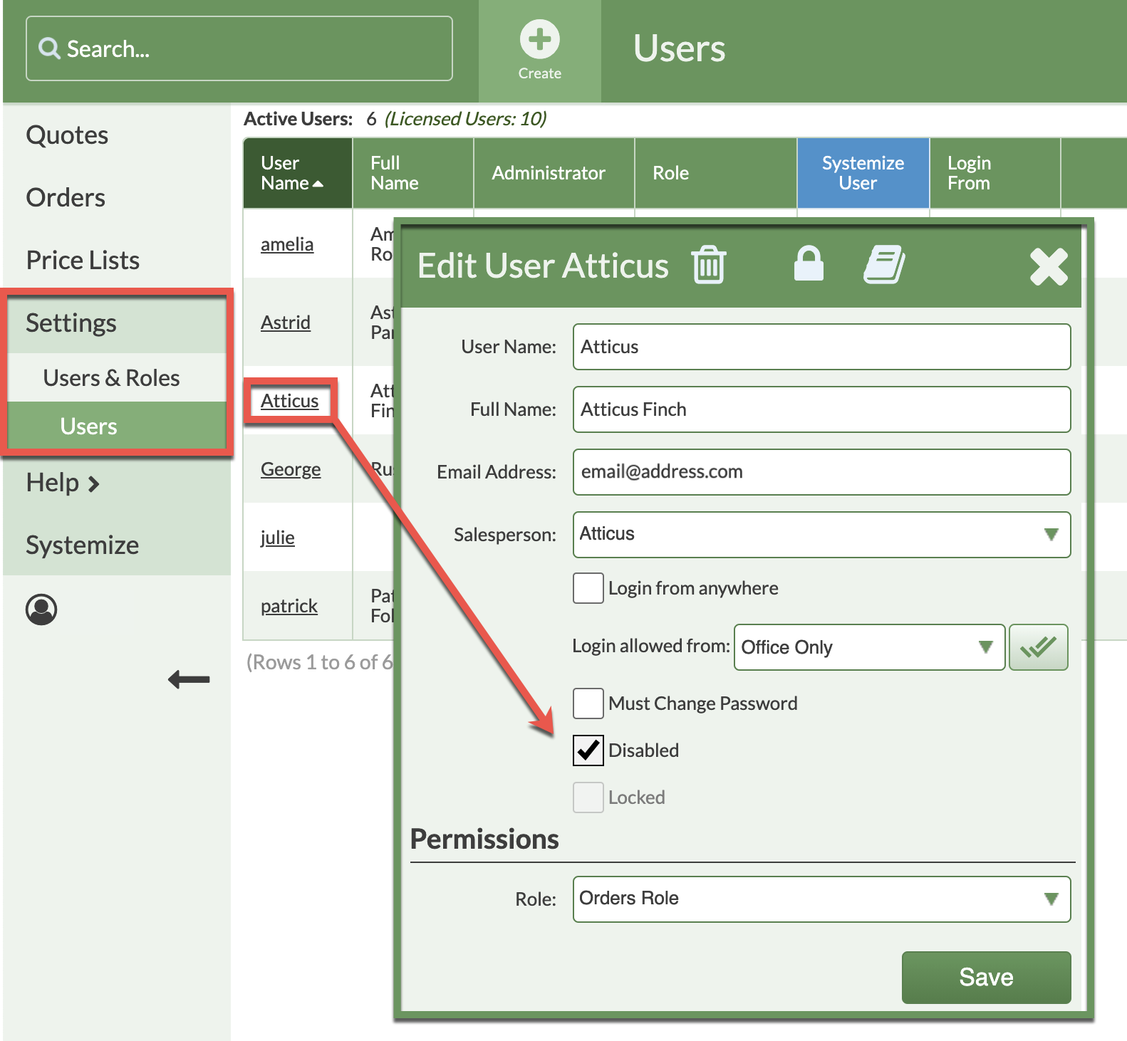 disable a countergo user