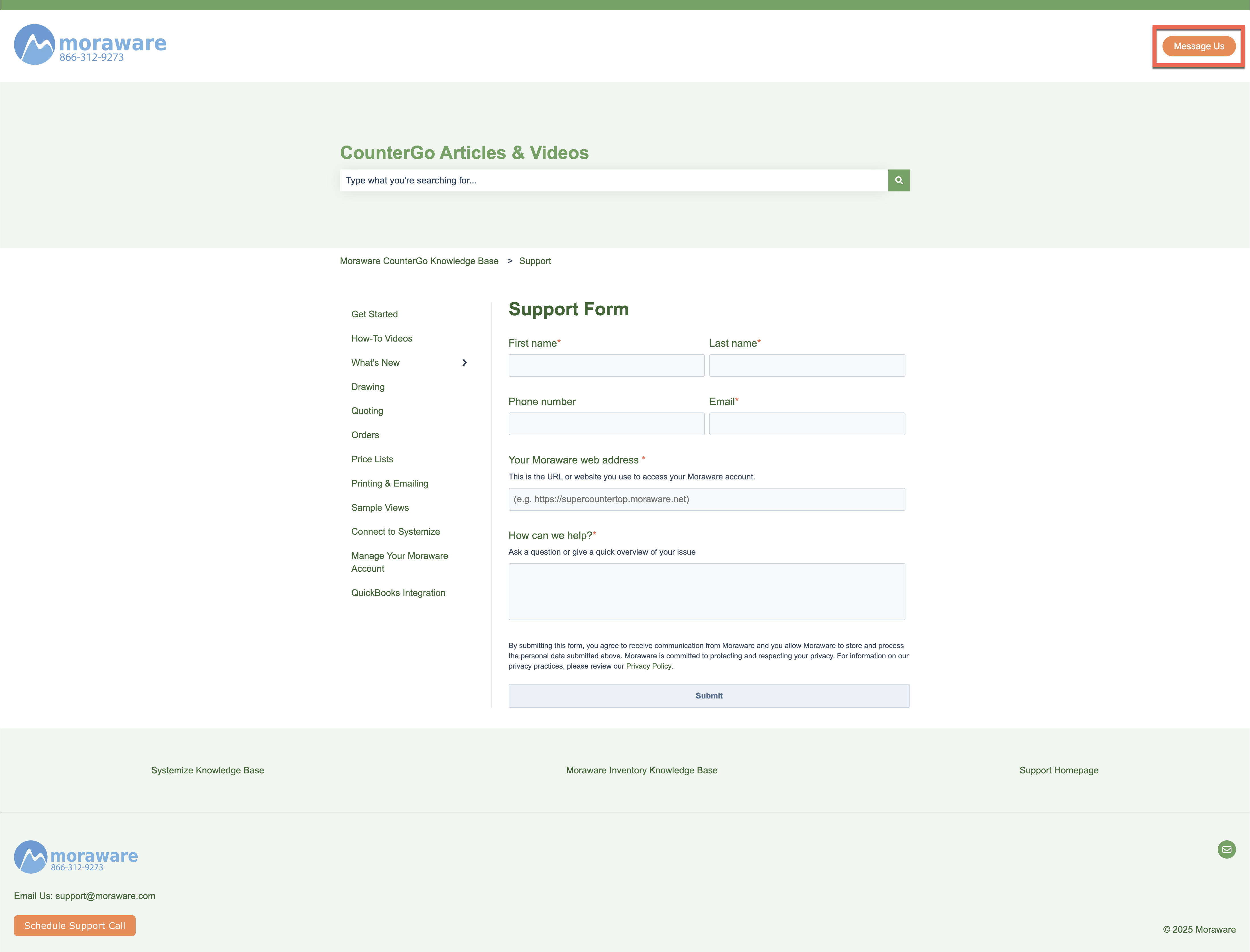 email support form the knowledge base