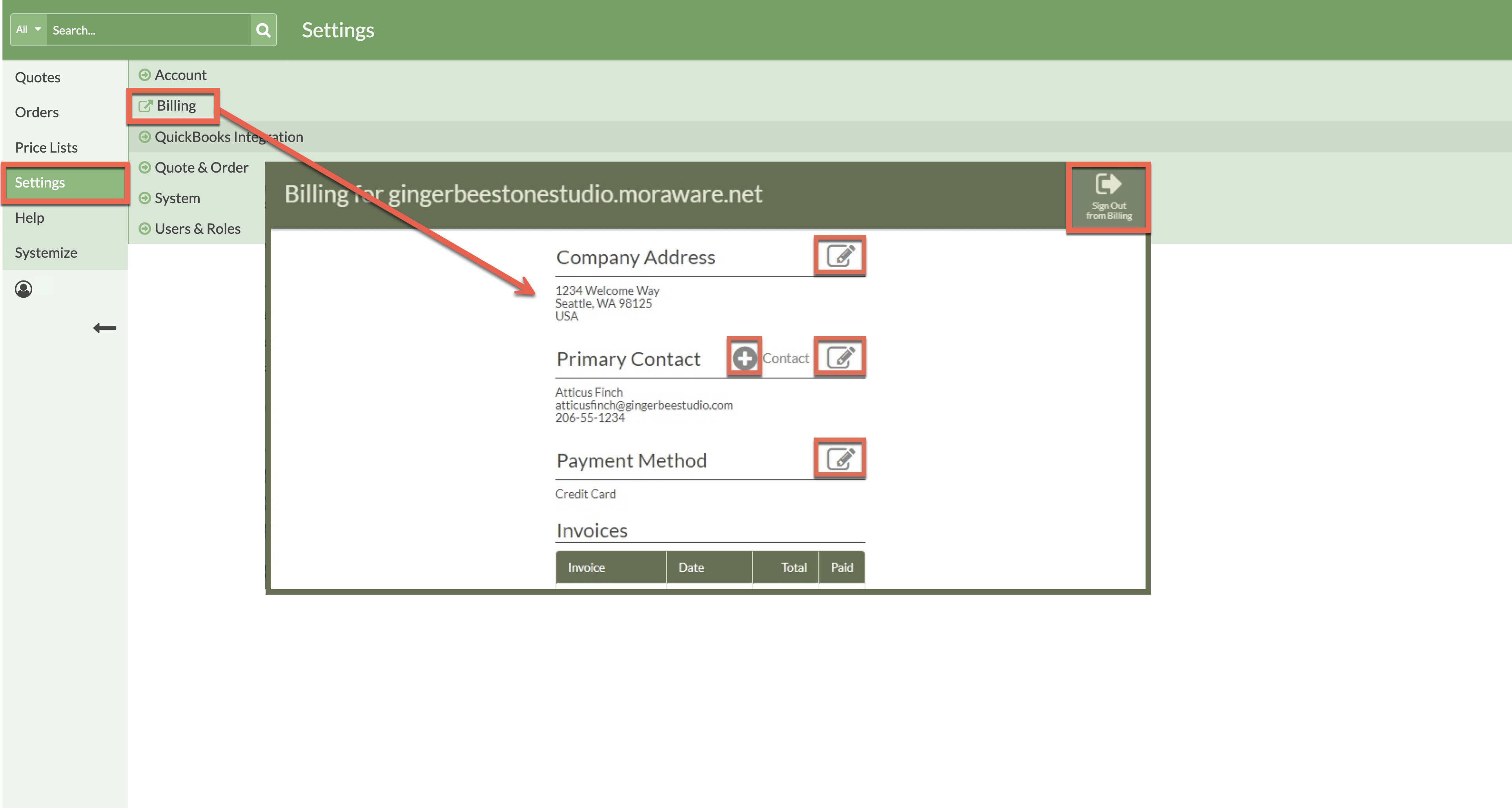 update billing information in Moraware CounterGo