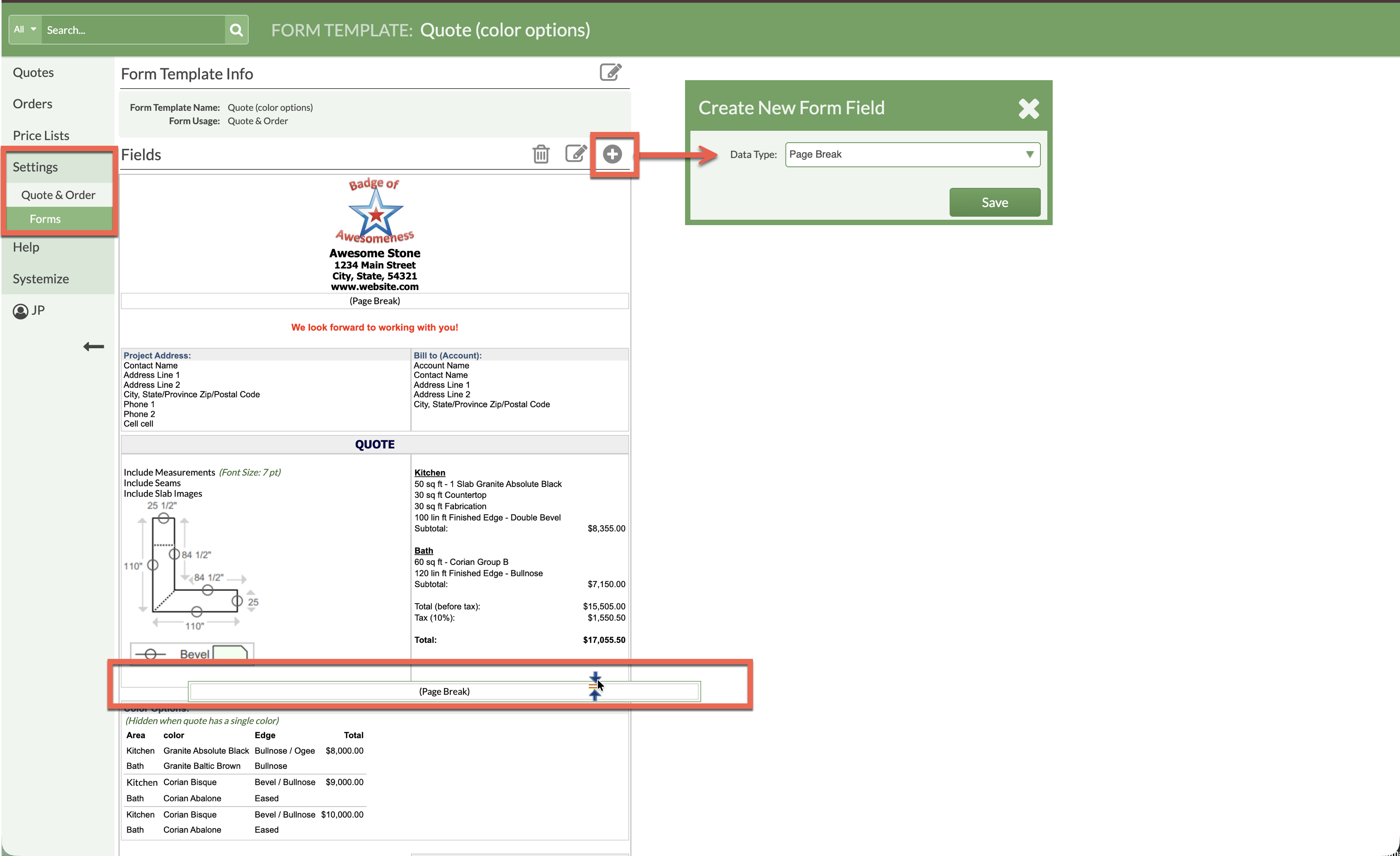 Add and move a page break in quote & order forms