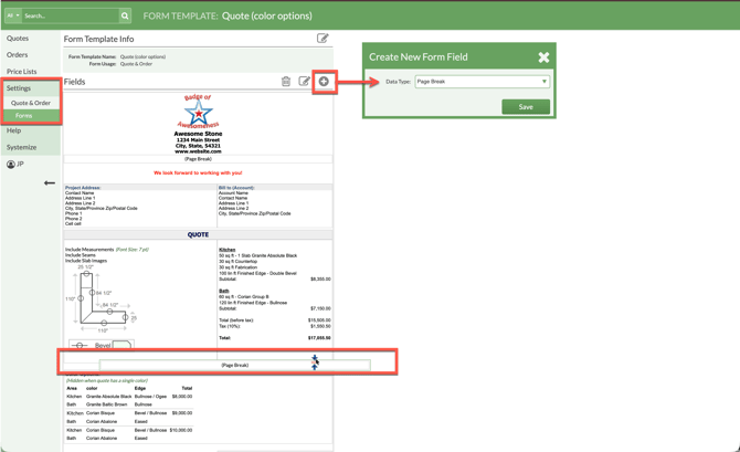 Add and move a page break in quote & order forms