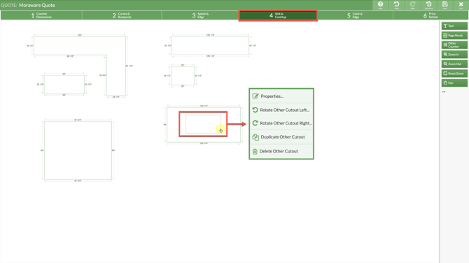 edit other cutout properties in step 4 of a CounterGo quote