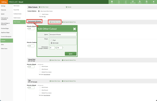 edit an other cutout in a CounterGo pricelist