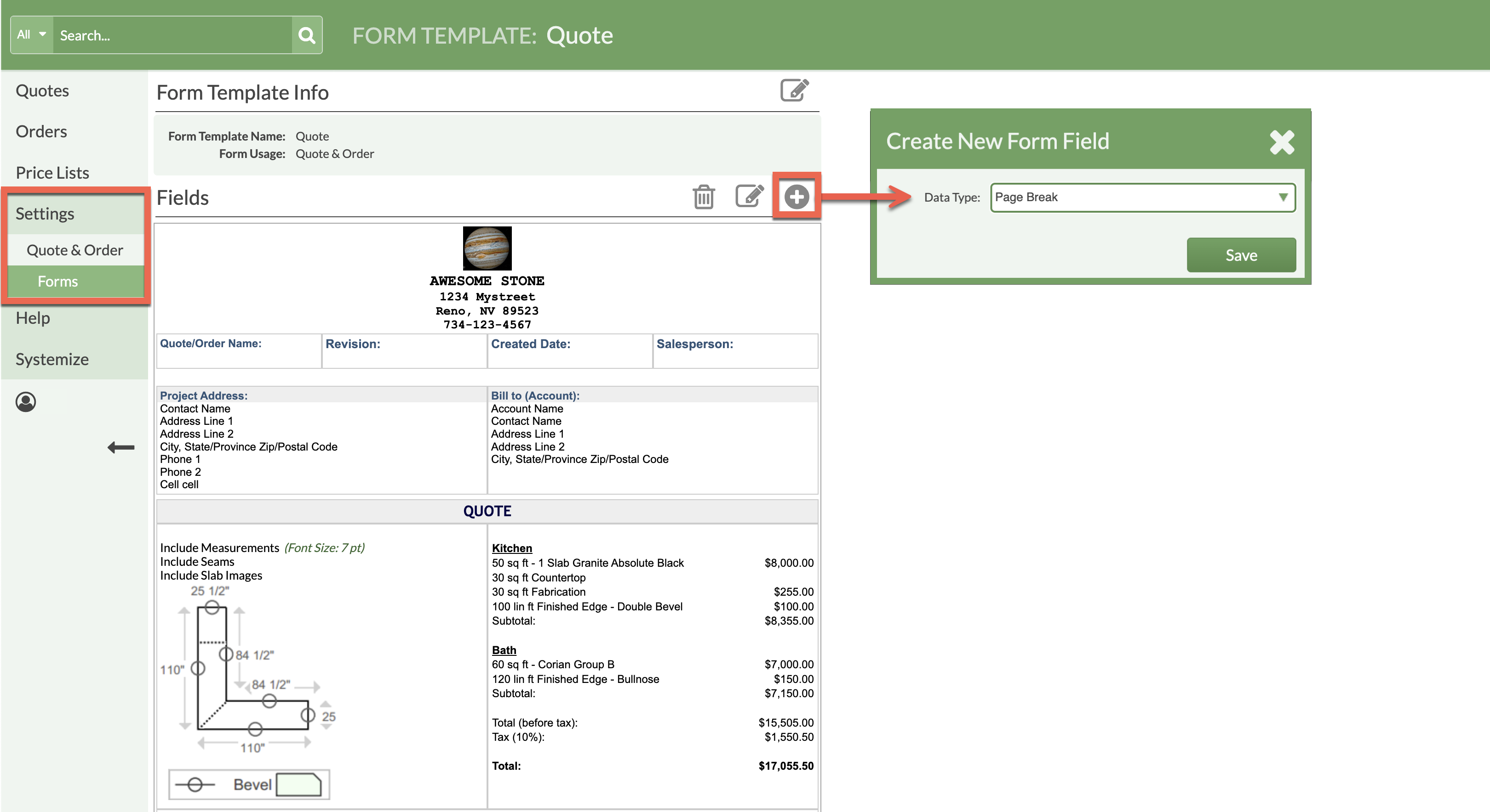 Image adding a Page Break to a CounterGo Quote & Order Form