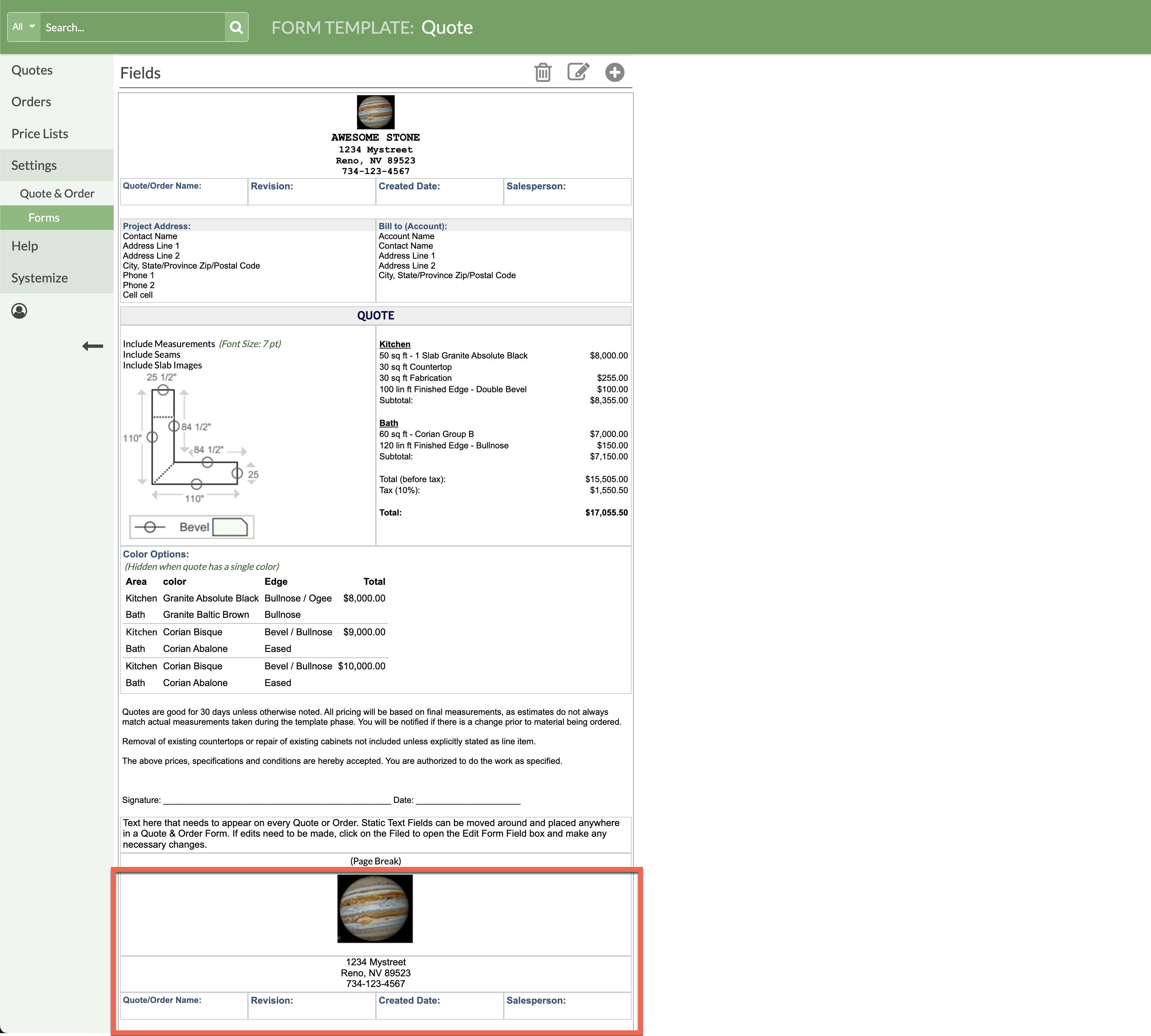 Additional Fields added to a Quote & Order Form after a Page Break