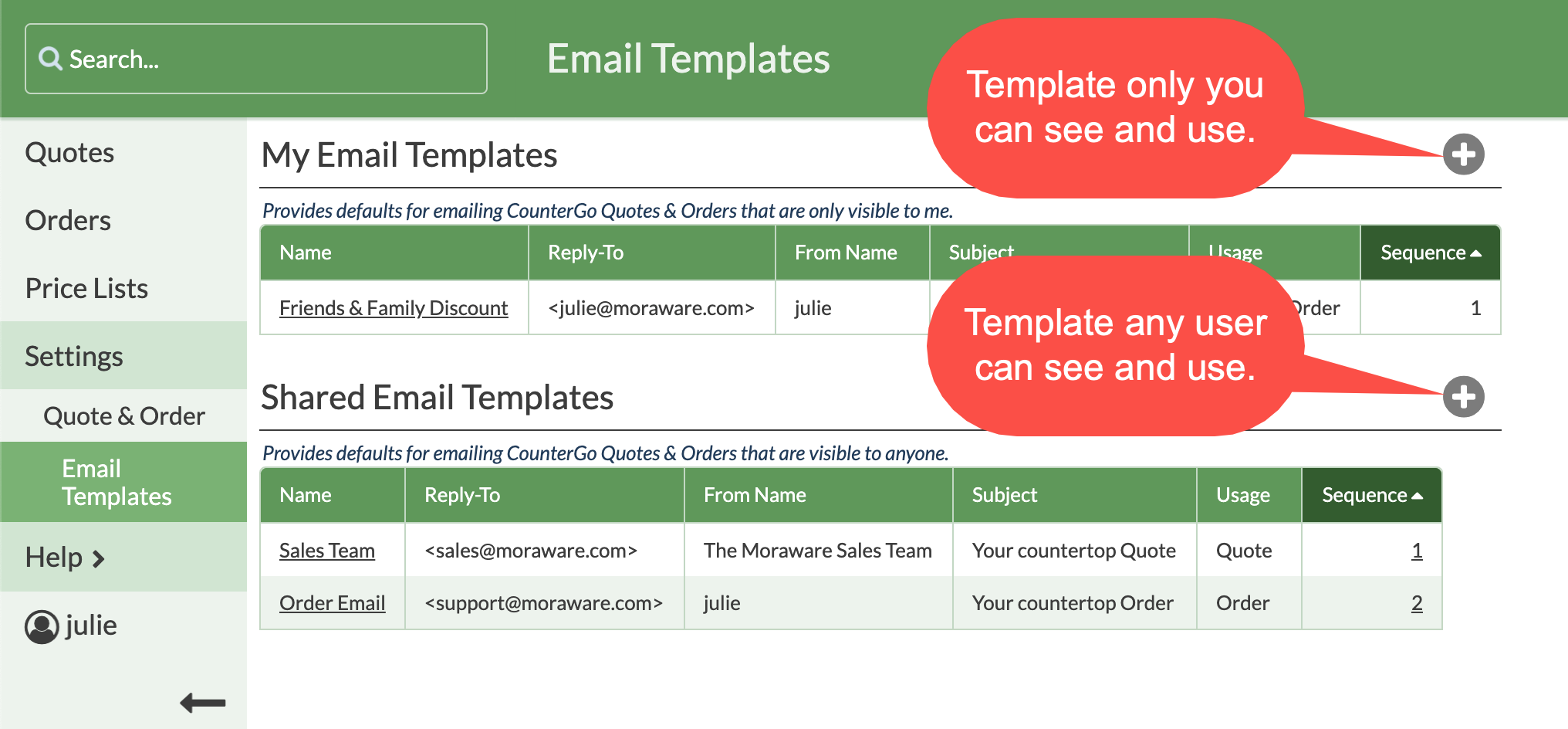 My email templates and shared email templates